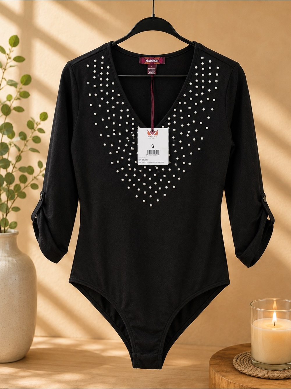 MADISON Black V-Neck Studded Long Sleeve Bodysuit